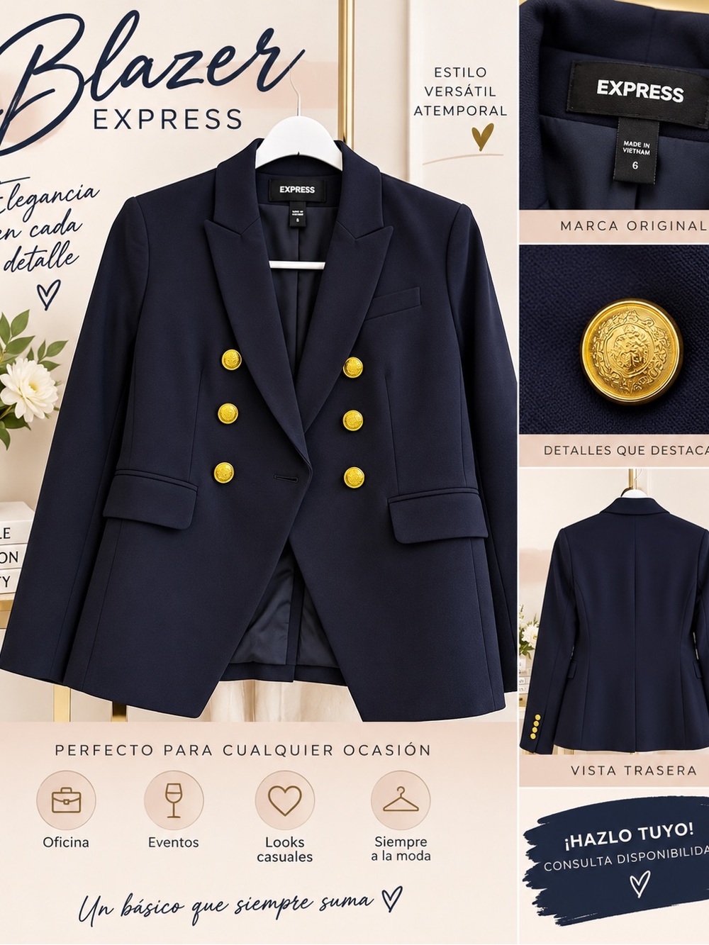 Express Women's Navy Blazer with Gold Buttons